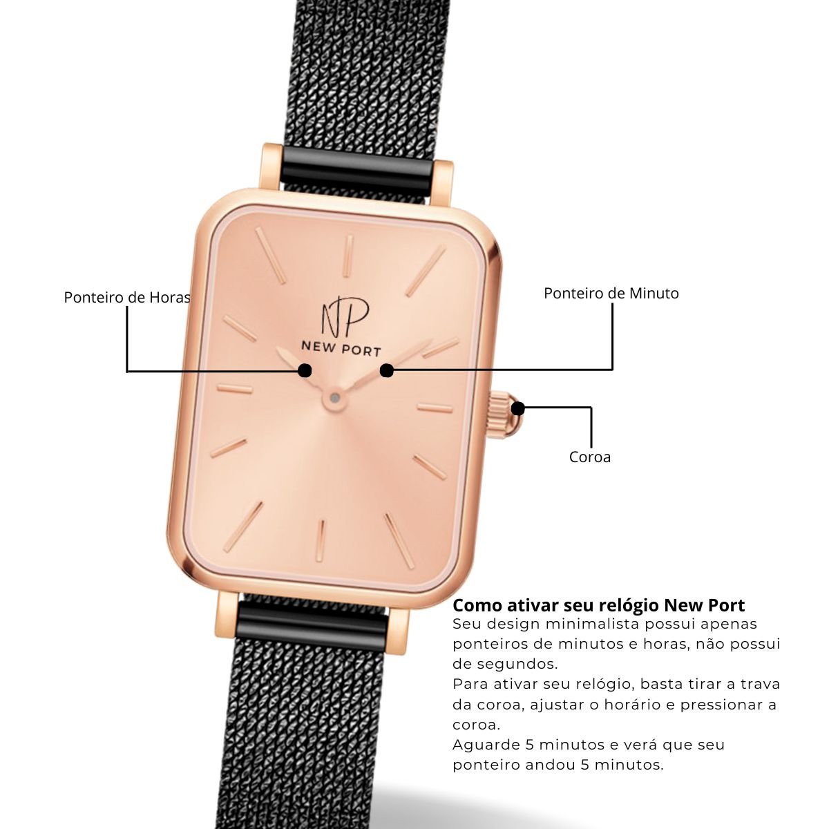 Relogio Feminino Quadrado Casual New Port Com Bracelete Rose Preto/Rosê 7