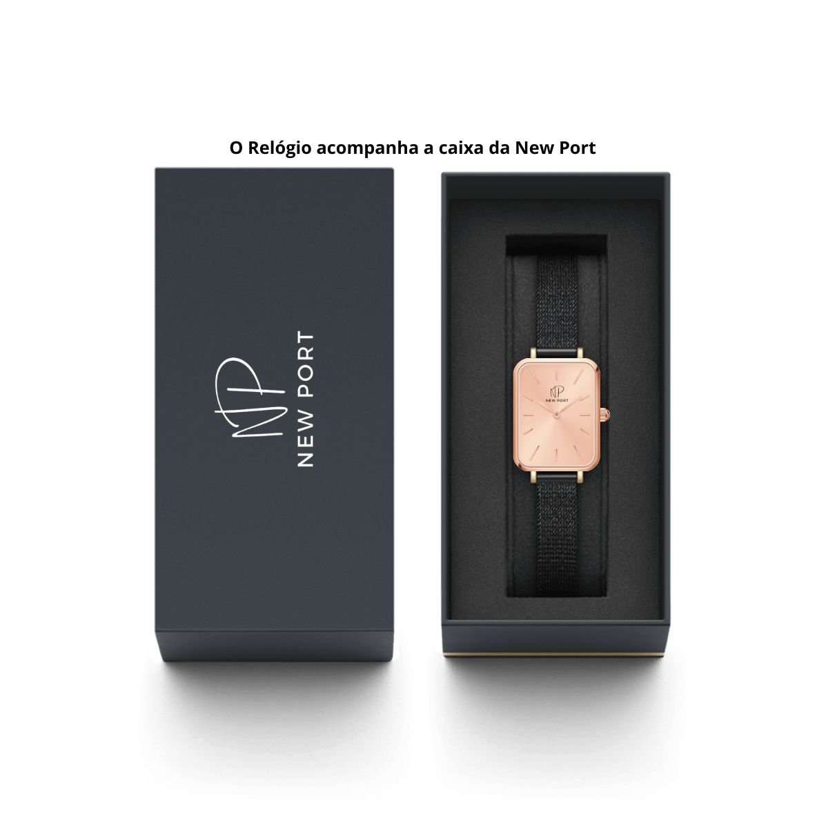 Relogio Feminino Quadrado Casual New Port Com Bracelete Rose Preto/Rosê 8