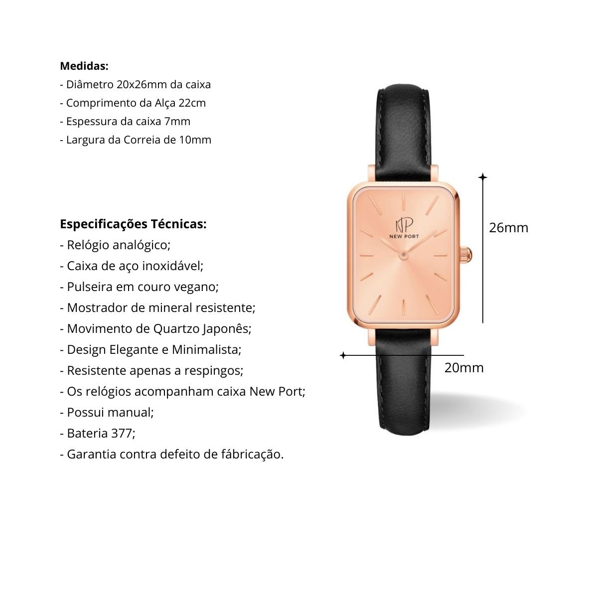 Relogio Feminino Quadrado Elegante Analogico Rose New Port Preto/Rosê 3