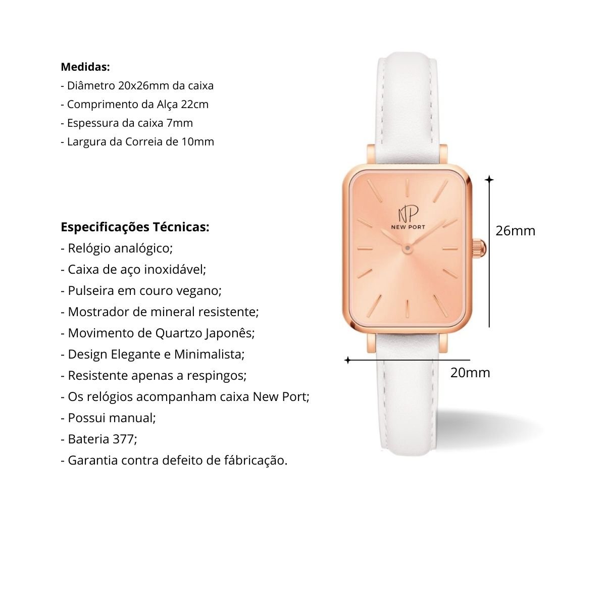 Relogio Feminino Quadrado Elegante Analogico Rose New Port Branco/Rose 3