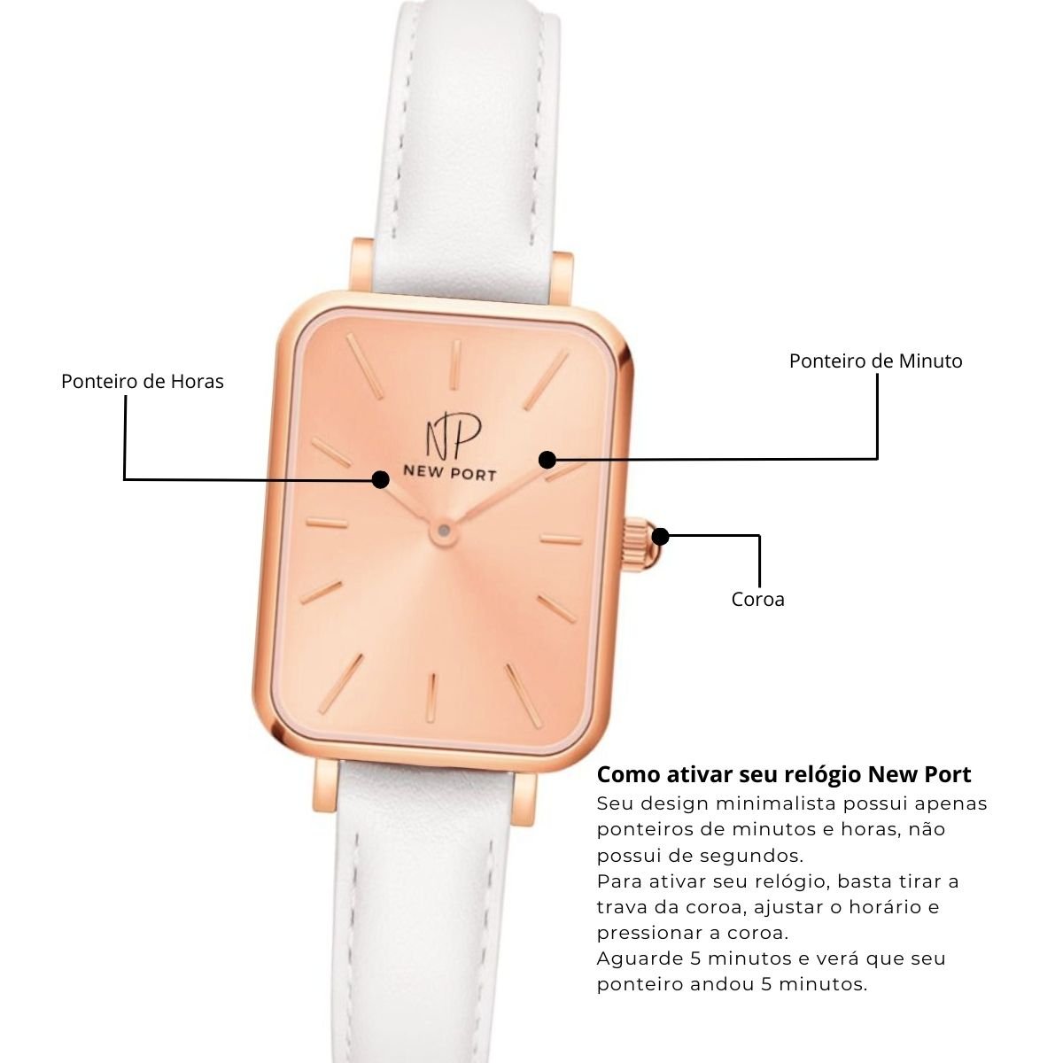 Relogio Feminino Quadrado Elegante Analogico Rose New Port Branco/Rose 5