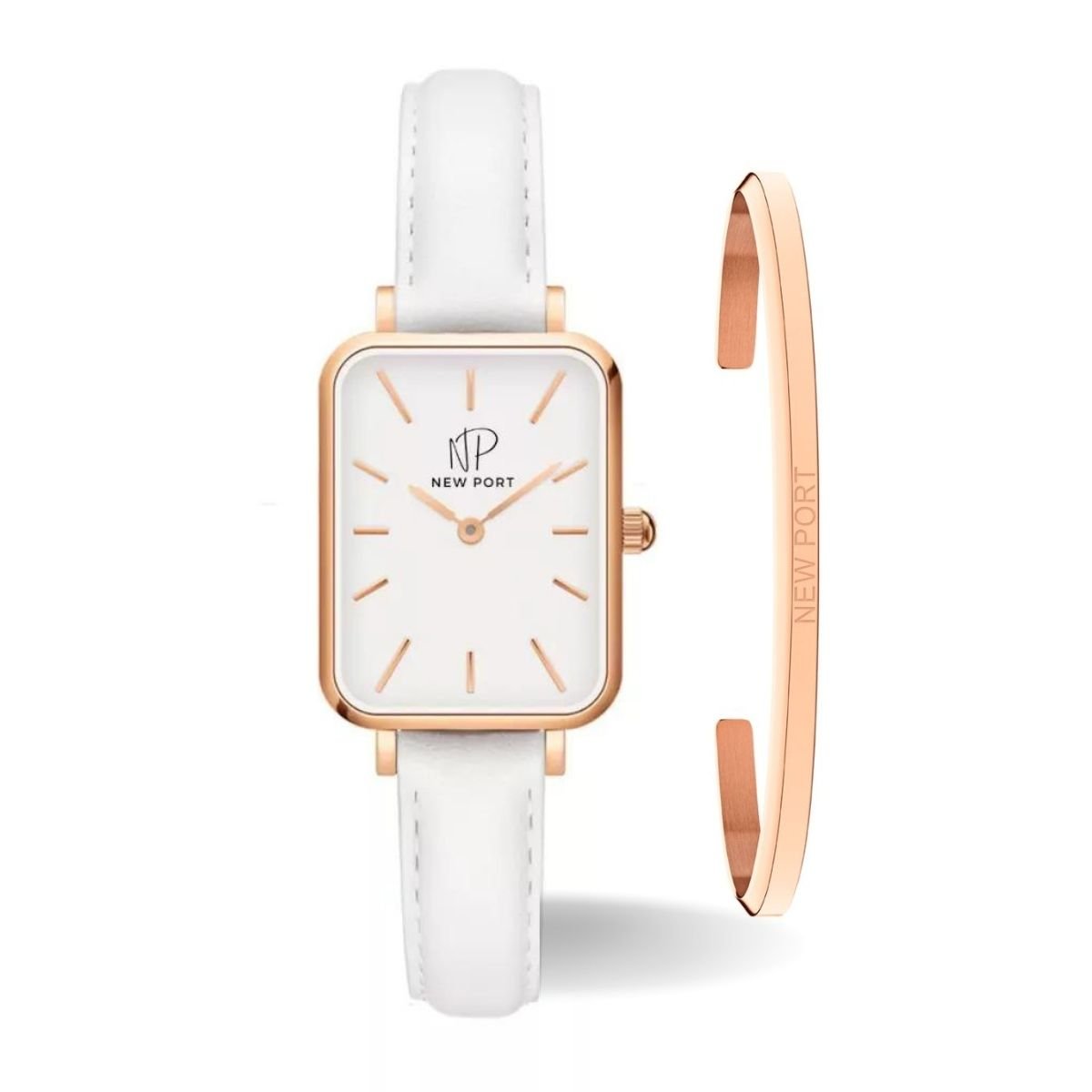 Relogio Feminino Quadrado Casual Pulseira Branca New Port + Bracelete Ajustavel