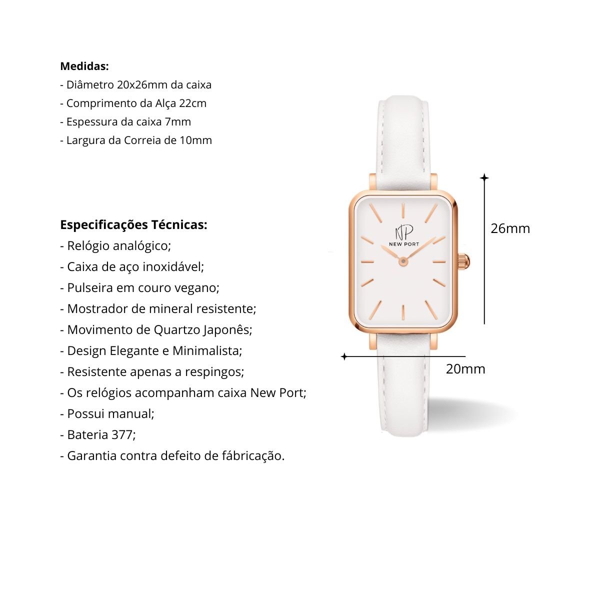 Relogio Feminino Quadrado Casual Pulseira Branca New Port + Bracelete Ajustavel Branco/Rose 4