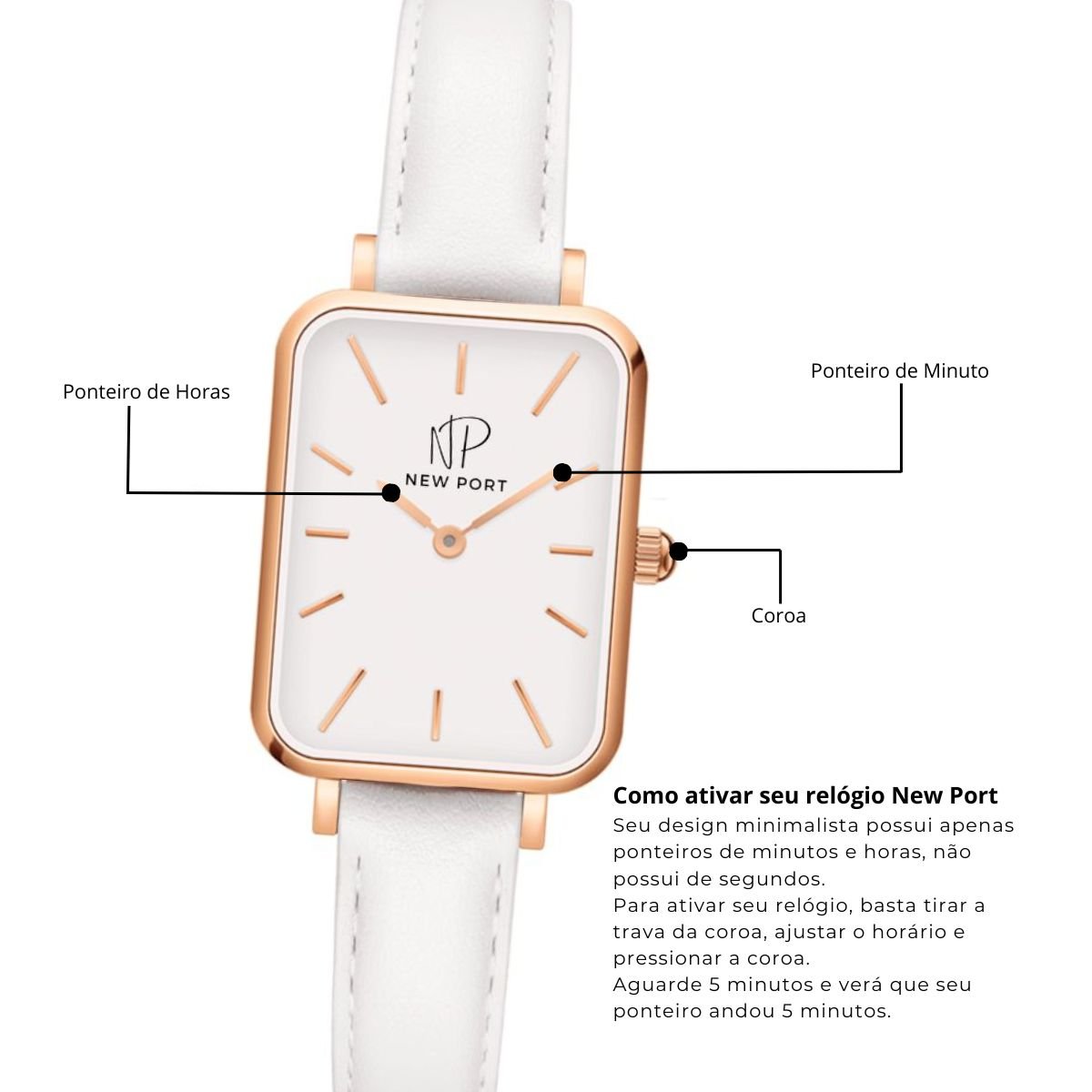 Relogio Feminino Quadrado Casual Pulseira Branca New Port + Bracelete Ajustavel Branco/Rose 7
