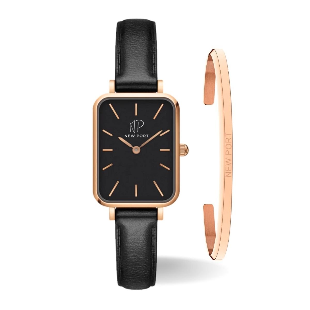 Relogio Feminino Preto Quadrado Casual New Port Com Bracelete