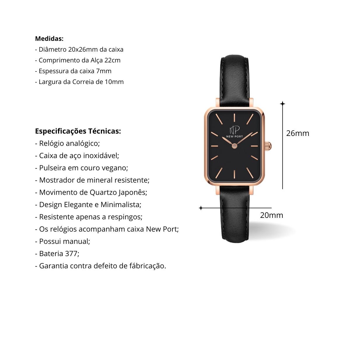 Relogio Feminino Preto Quadrado Casual New Port Com Bracelete Rose/Preto 4