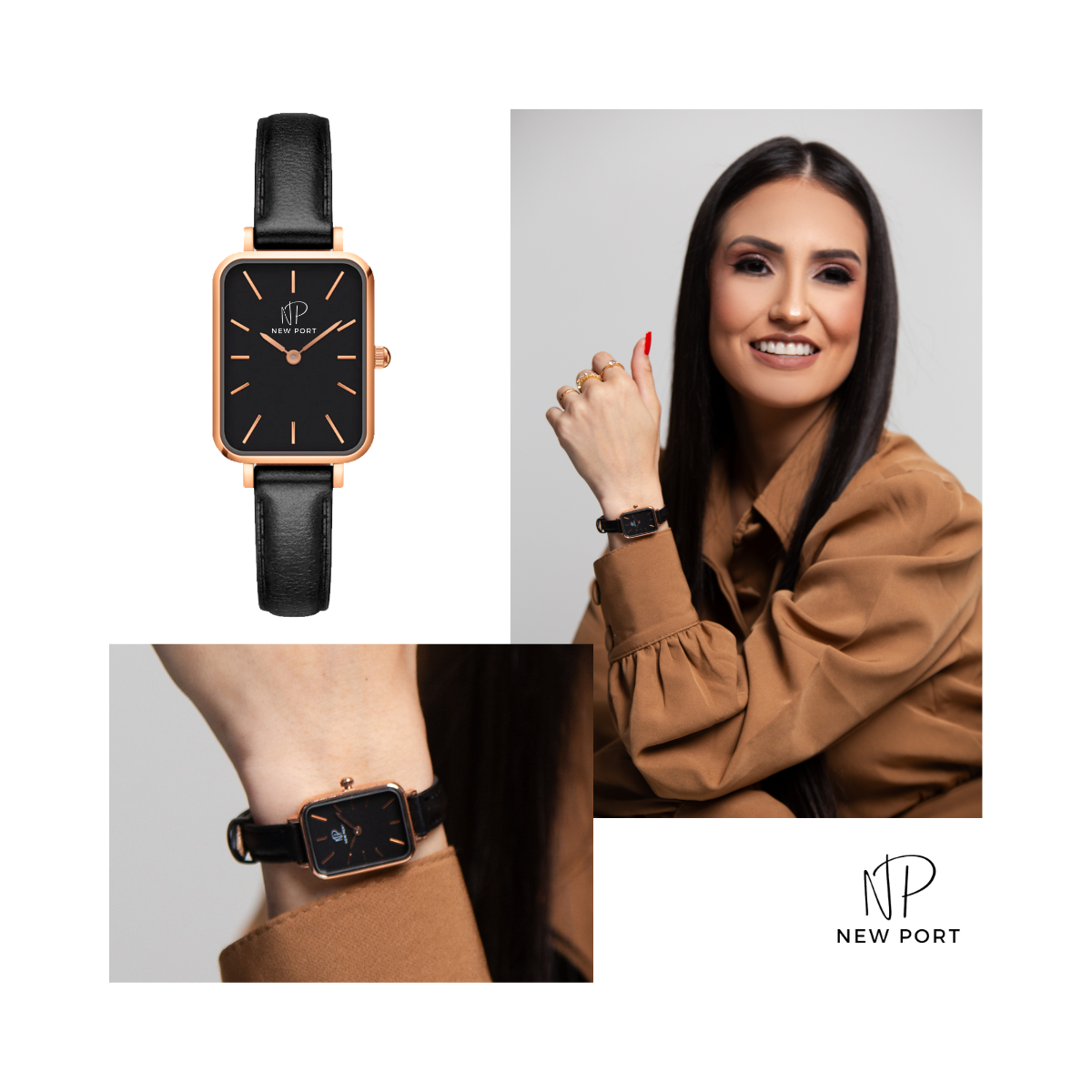 Relogio Feminino Preto Quadrado Casual New Port Com Bracelete Rose/Preto 5