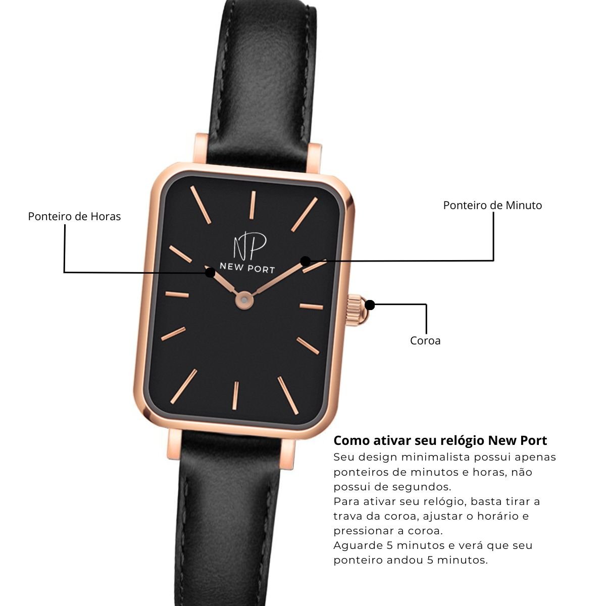 Relogio Feminino Preto Quadrado Casual New Port Com Bracelete Rose/Preto 9