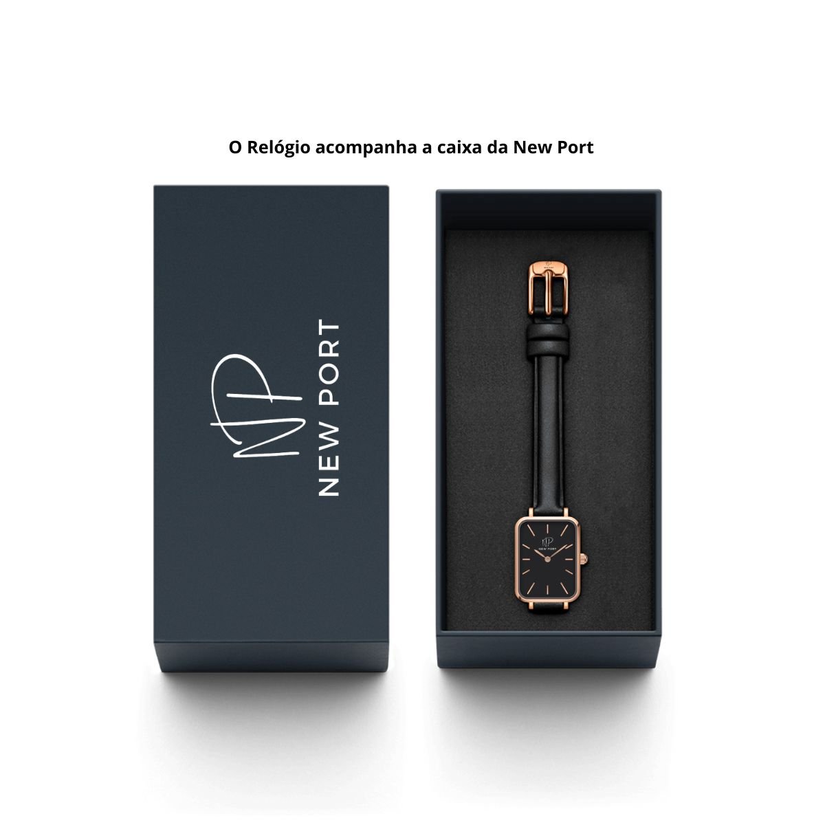 Relogio Feminino Preto Quadrado Casual New Port Com Bracelete Rose/Preto 10