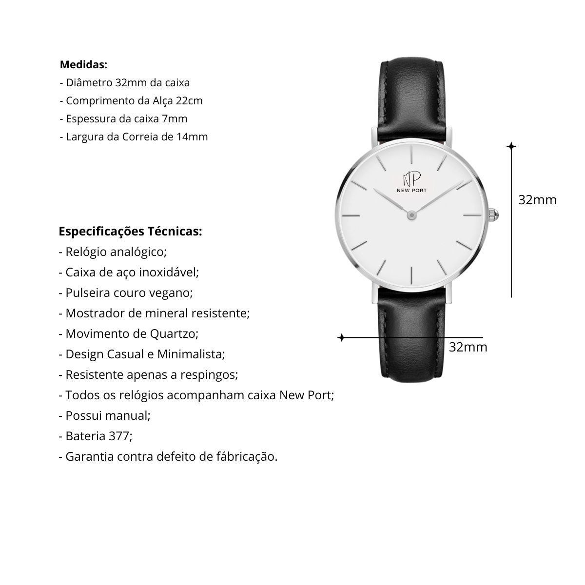 Relogio Feminino Prata Casual Elegante New Port 32mm Com Bracelete Preto/Prata 4
