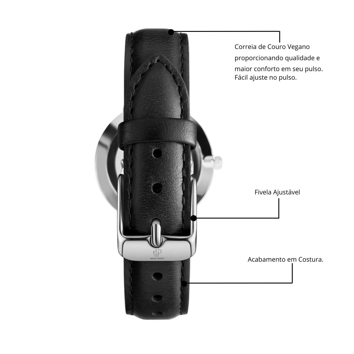 Relogio Feminino Prata Casual Elegante New Port 32mm Com Bracelete Preto/Prata 7