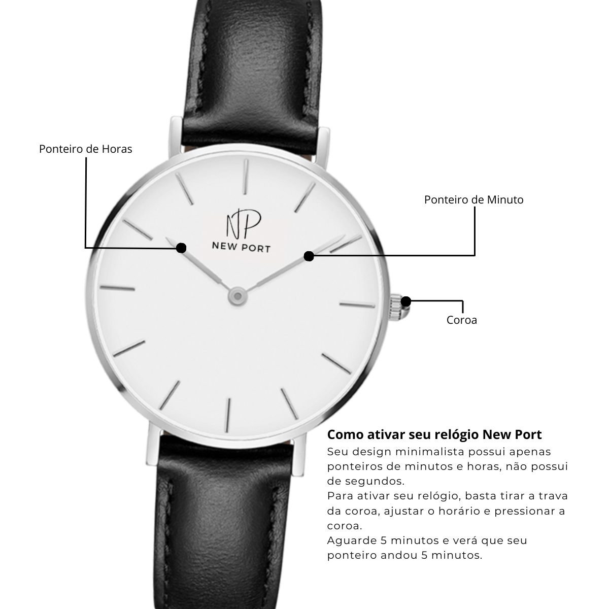 Relogio Feminino Prata Casual Elegante New Port 32mm Com Bracelete Preto/Prata 8