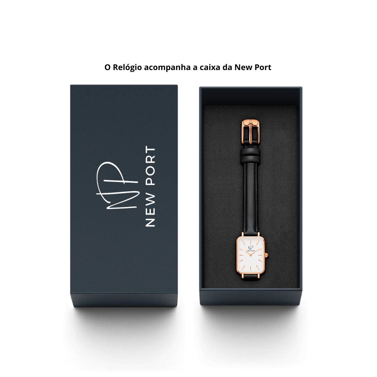 Relogio Feminino Quadrado Analogico New Port Rose + Bracelete Ajustavel Rose/Preto 11