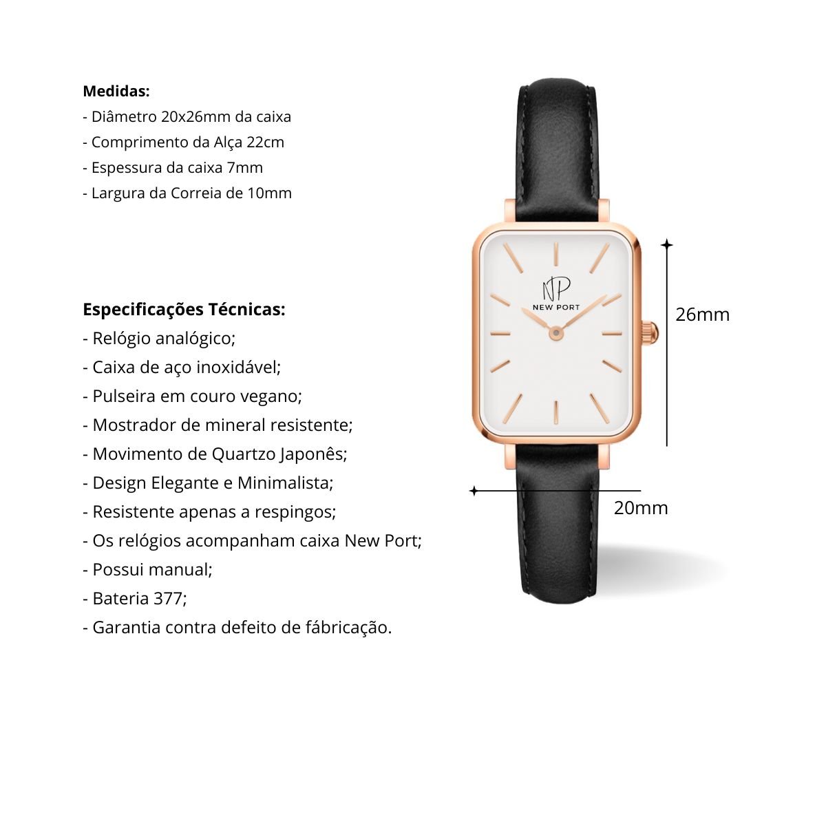 Relogio Feminino Quadrado Analogico New Port Rose + Bracelete Ajustavel Rose/Preto 4