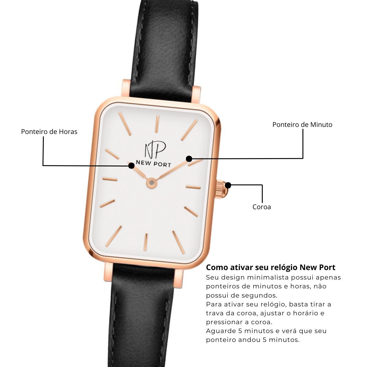 Relogio Feminino Quadrado Analogico New Port Rose + Bracelete Ajustavel Rose/Preto 10