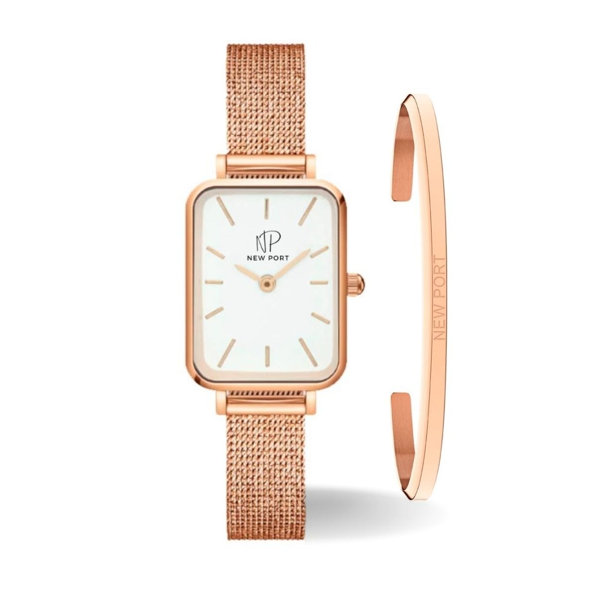 Relogio Feminino Quadrado Casual New Port Rose + Bracelete Ajustavel