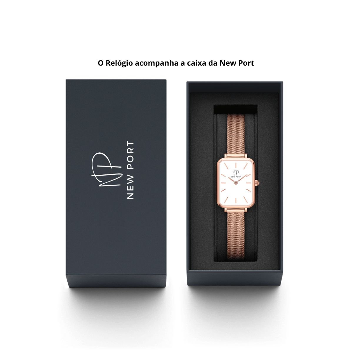 Relogio Feminino Quadrado Casual New Port Rose + Bracelete Ajustavel Rosa 11