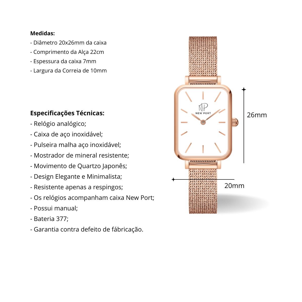 Relogio Feminino Quadrado Casual New Port Rose + Bracelete Ajustavel Rosa 4