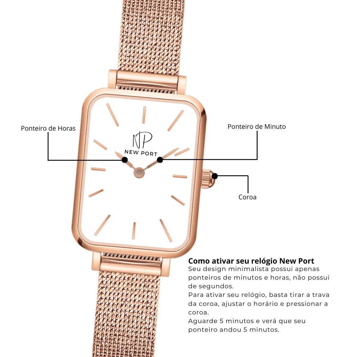 Relogio Feminino Quadrado Casual New Port Rose + Bracelete Ajustavel Rosa 10