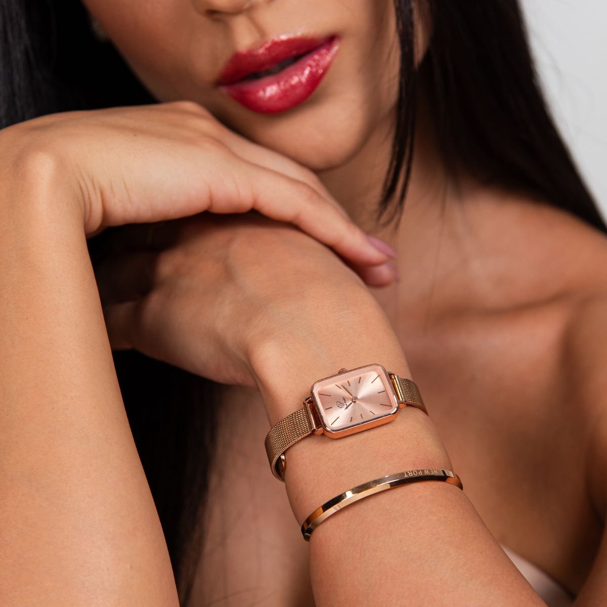 Relogio Feminino Quadrado Elegante Vermont Full Rose + Bracelete Ajustavel Rosa 2