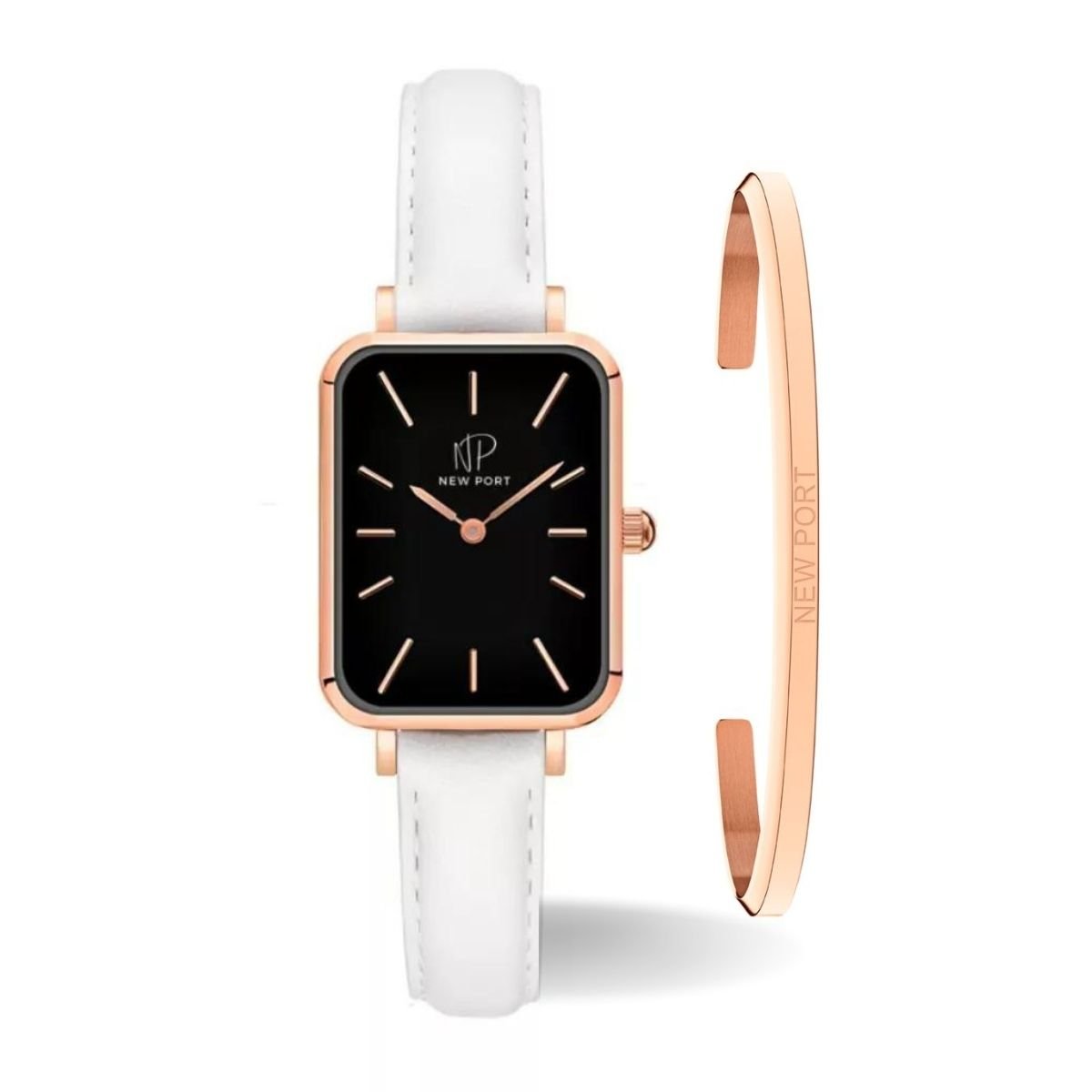 Relogio Feminino Quadrado Pulseira Branca Delicado New Port + Bracelete Ajustavel