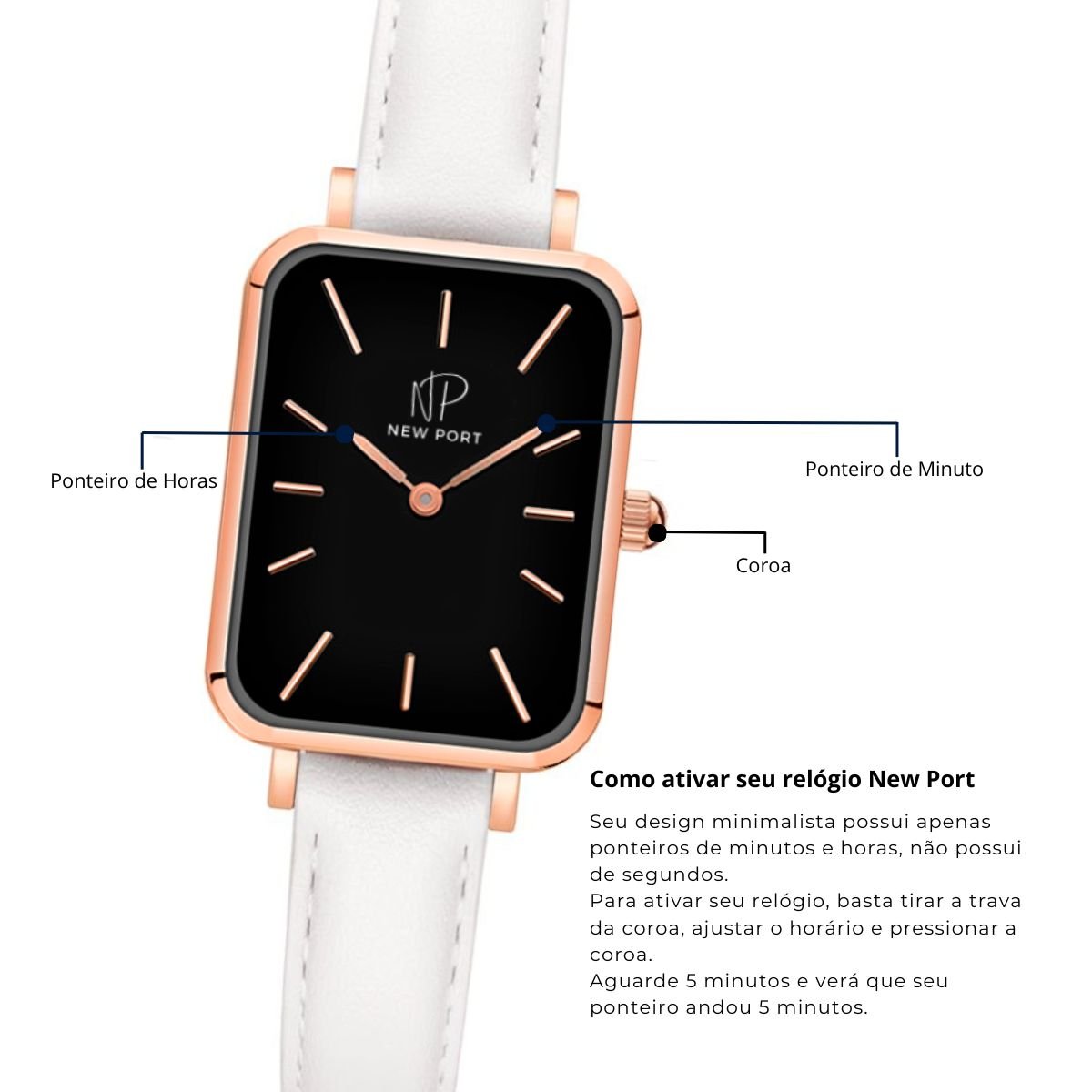 Relogio Feminino Quadrado Pulseira Branca Delicado New Port + Bracelete Ajustavel Preto/Rose/Branco 4