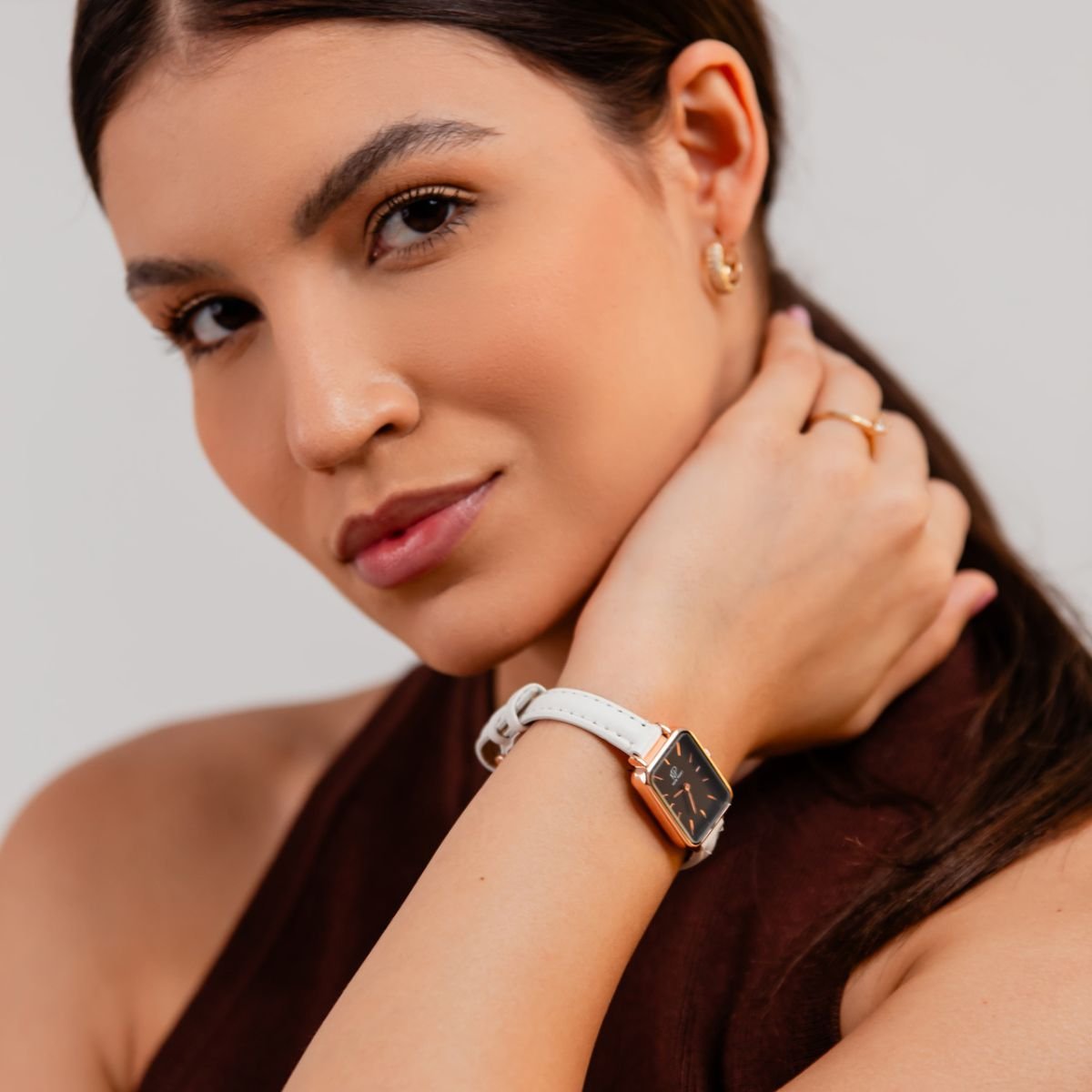 Relogio Feminino Quadrado Pulseira Branca Delicado New Port + Bracelete Ajustavel Preto/Rose/Branco 5