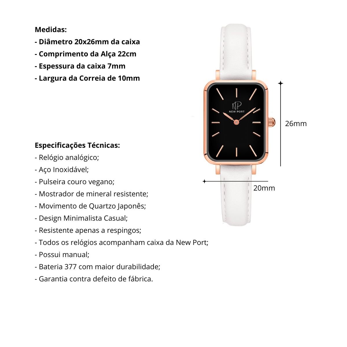 Relogio Feminino Quadrado Pulseira Branca Delicado New Port + Bracelete Ajustavel Preto/Rose/Branco 7