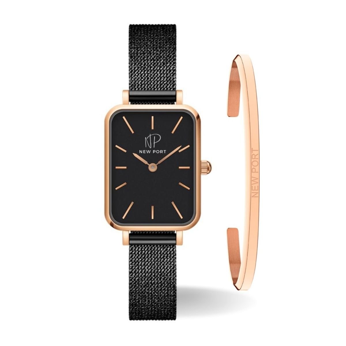 Relogio Feminino Quadrado Preto Analogico New Port + Bracelete Ajustavel