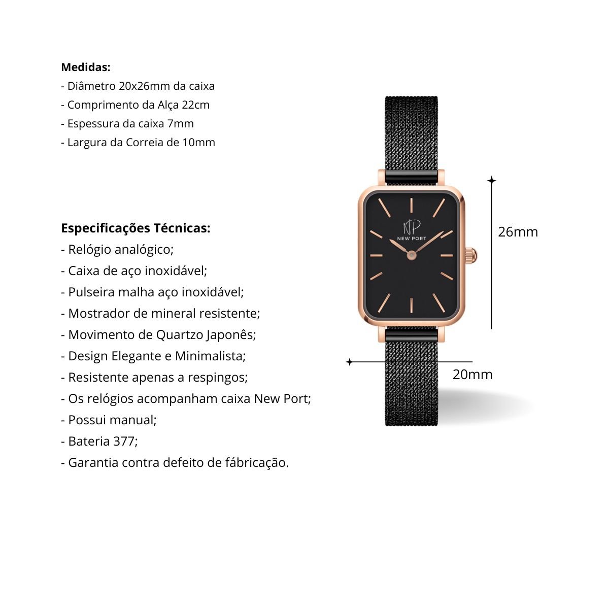 Relogio Feminino Quadrado Preto Analogico New Port + Bracelete Ajustavel Rose/Preto 4