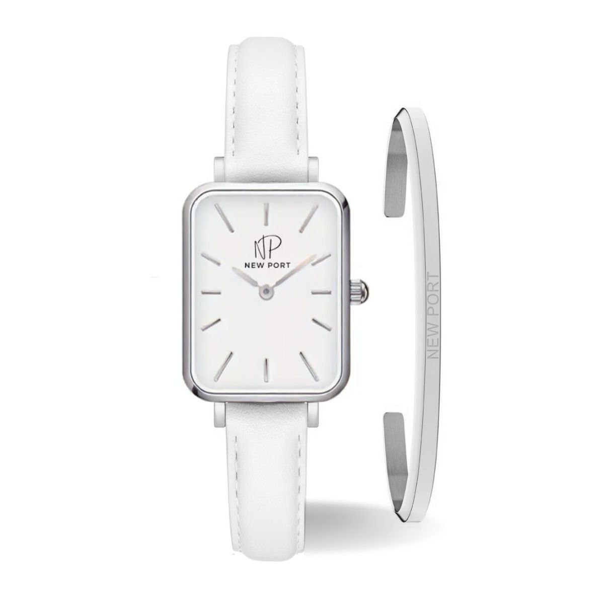 Relogio Feminino Quadrado Prateado New Port + Bracelete Ajustavel Branco 1