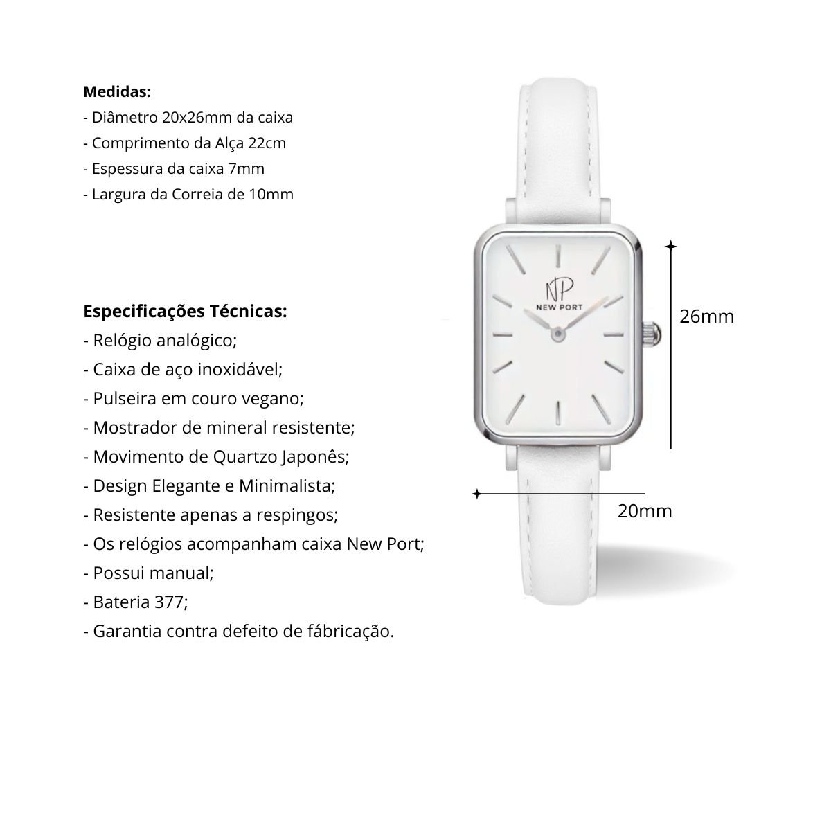Relogio Feminino Quadrado Prateado New Port + Bracelete Ajustavel Branco 4