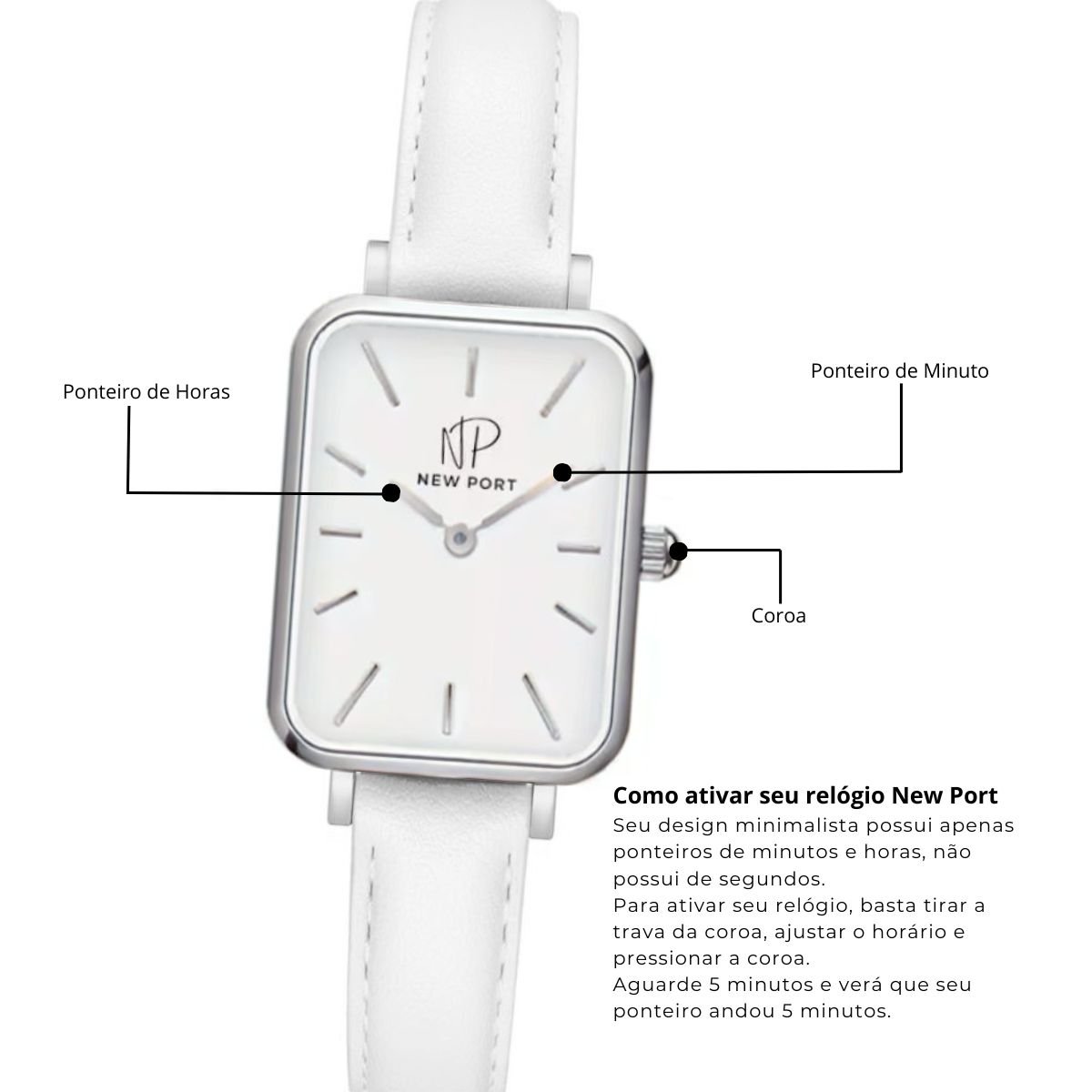 Relogio Feminino Quadrado Prateado New Port + Bracelete Ajustavel Branco 7