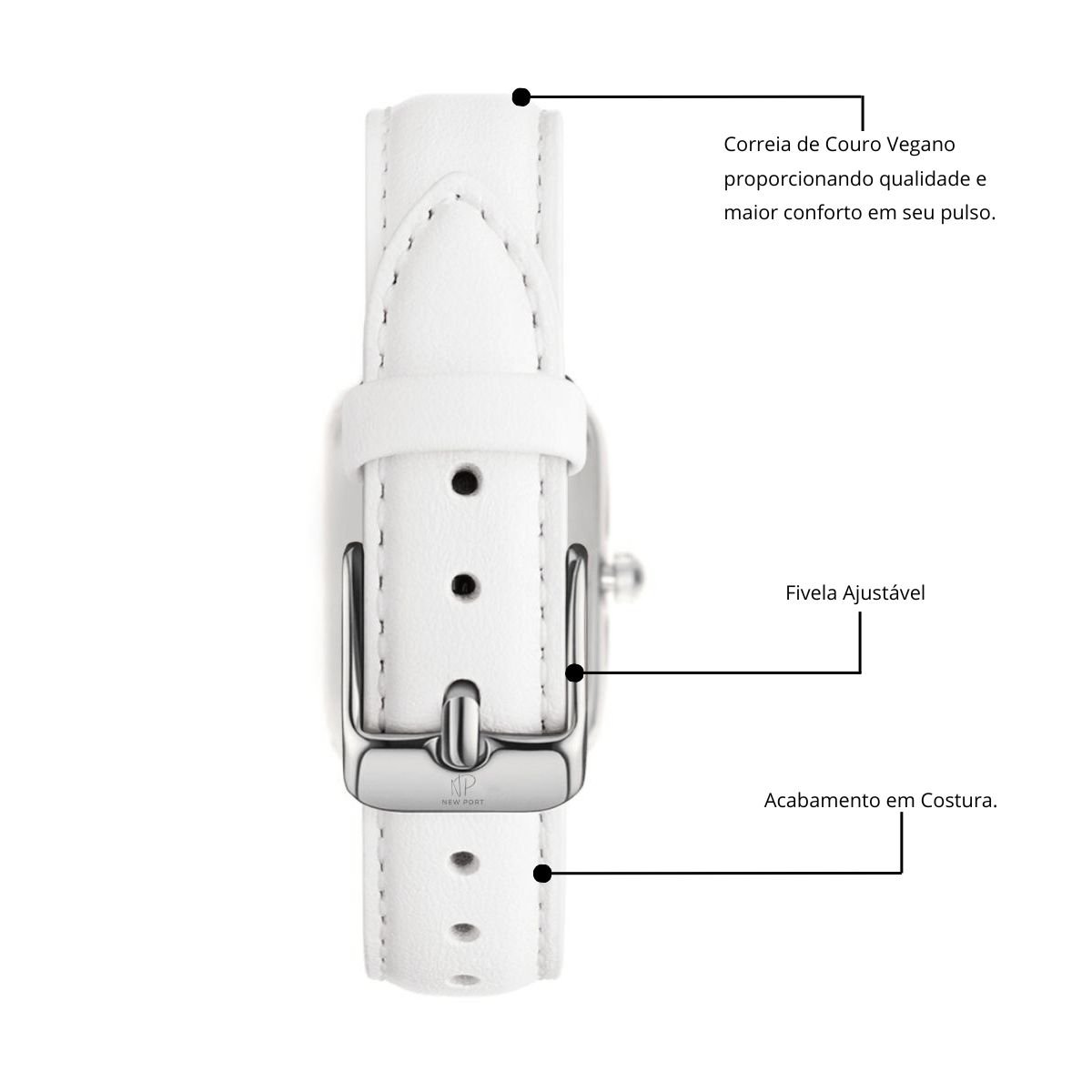 Relogio Feminino Quadrado Prateado New Port + Bracelete Ajustavel Branco 8