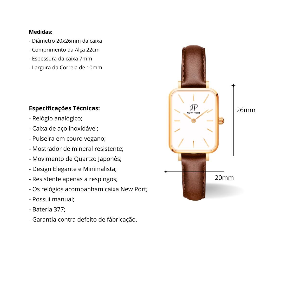 Relogio Feminino Quadrado Casual Classico Marrom New Port Marrom 3