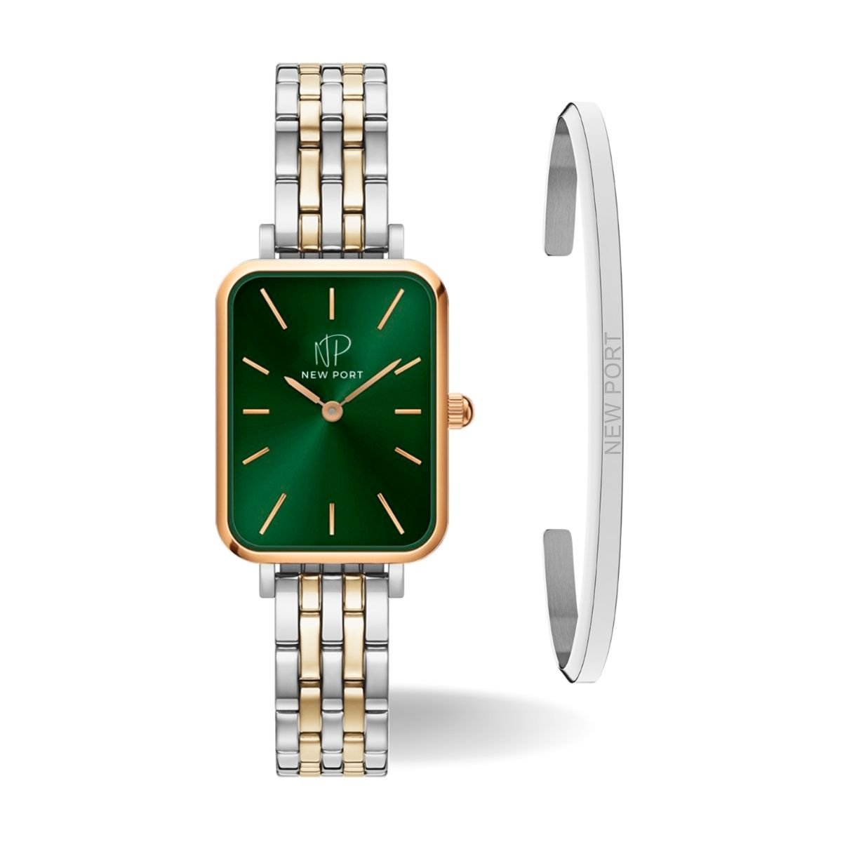 Relogio Feminino Quadrado Pulseira Bicolor Elegante + Bracelete Ajustavel