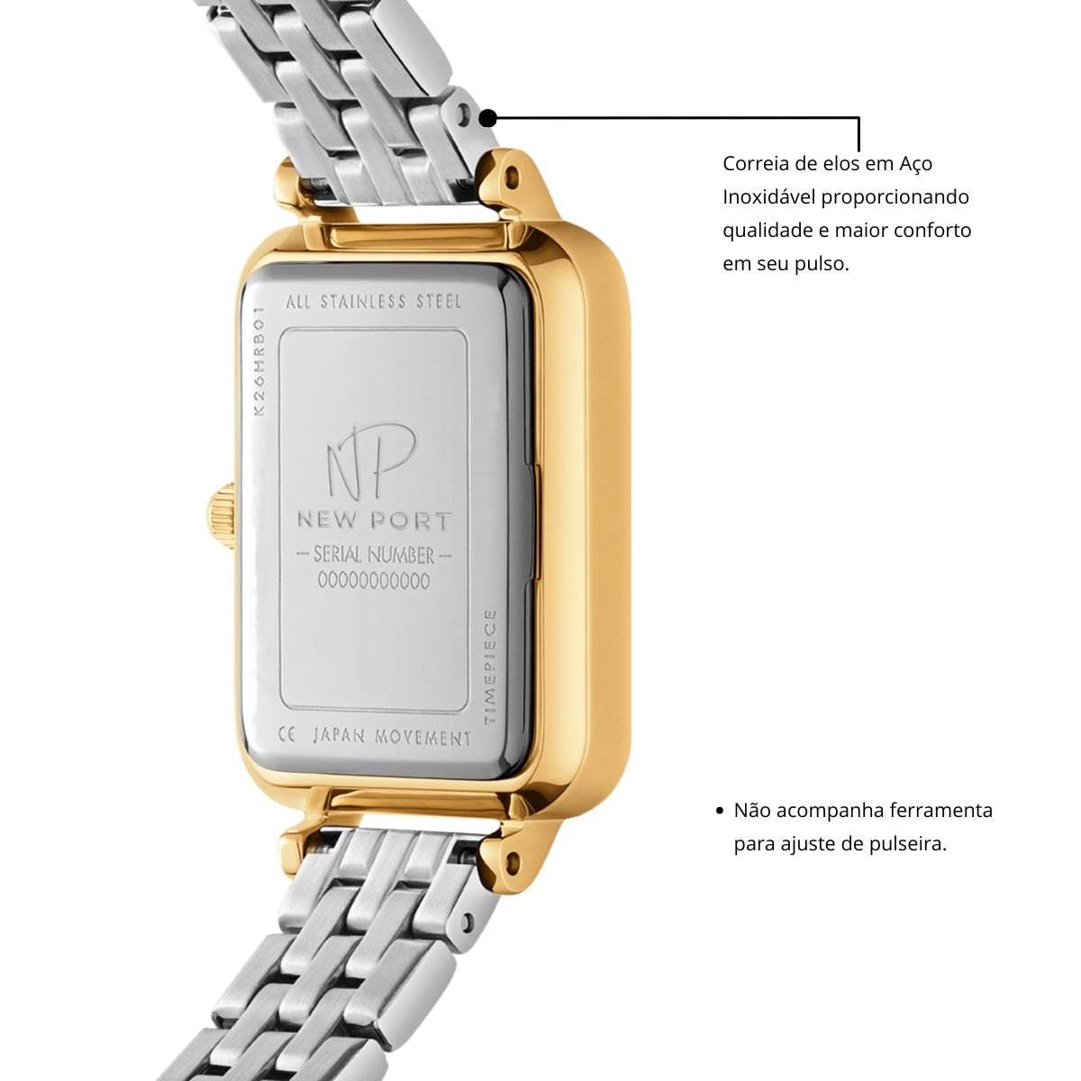 Relogio Feminino Quadrado Pulseira Bicolor Elegante + Bracelete Ajustavel Dourado 7