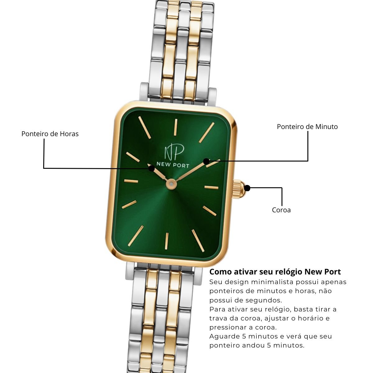 Relogio Feminino Quadrado Pulseira Bicolor Elegante + Bracelete Ajustavel Dourado 8