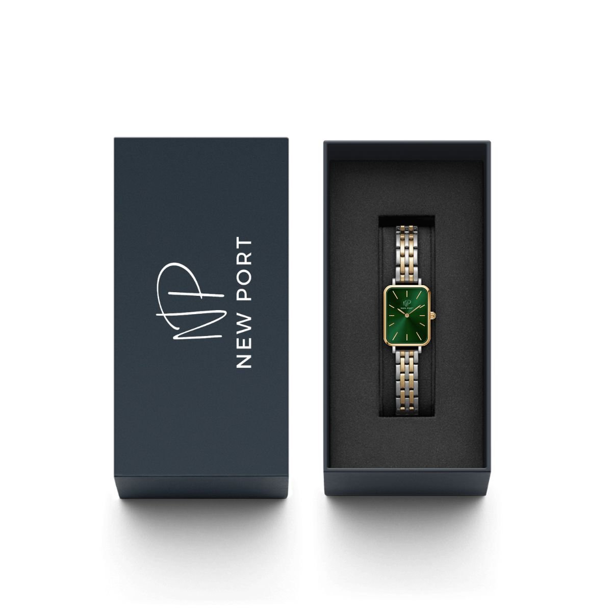 Relogio Feminino Quadrado Pulseira Bicolor Elegante + Bracelete Ajustavel Dourado 9