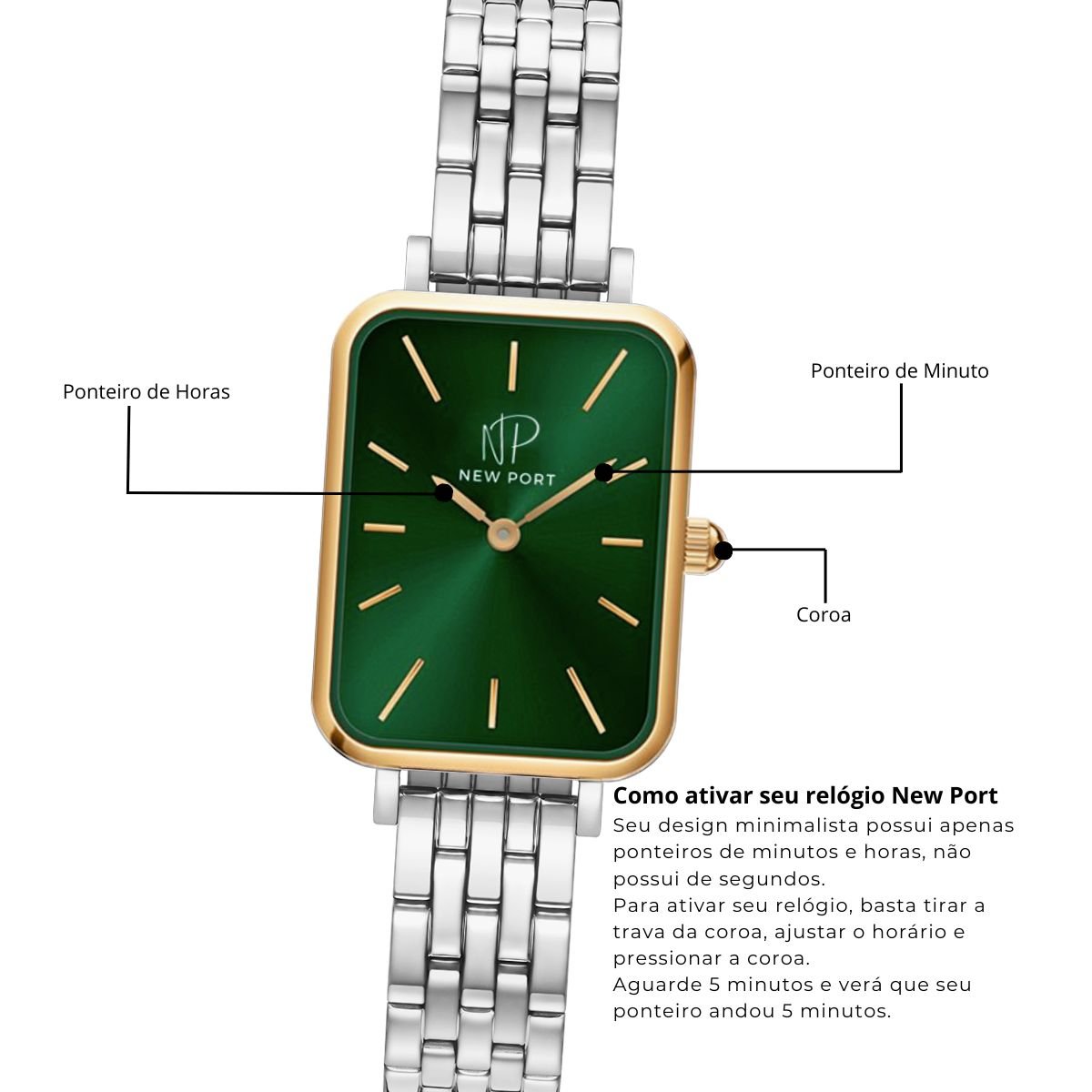 Relogio Feminino Quadrado Analogico Delicado New Port + Bracelete Ajustavel Prata 8
