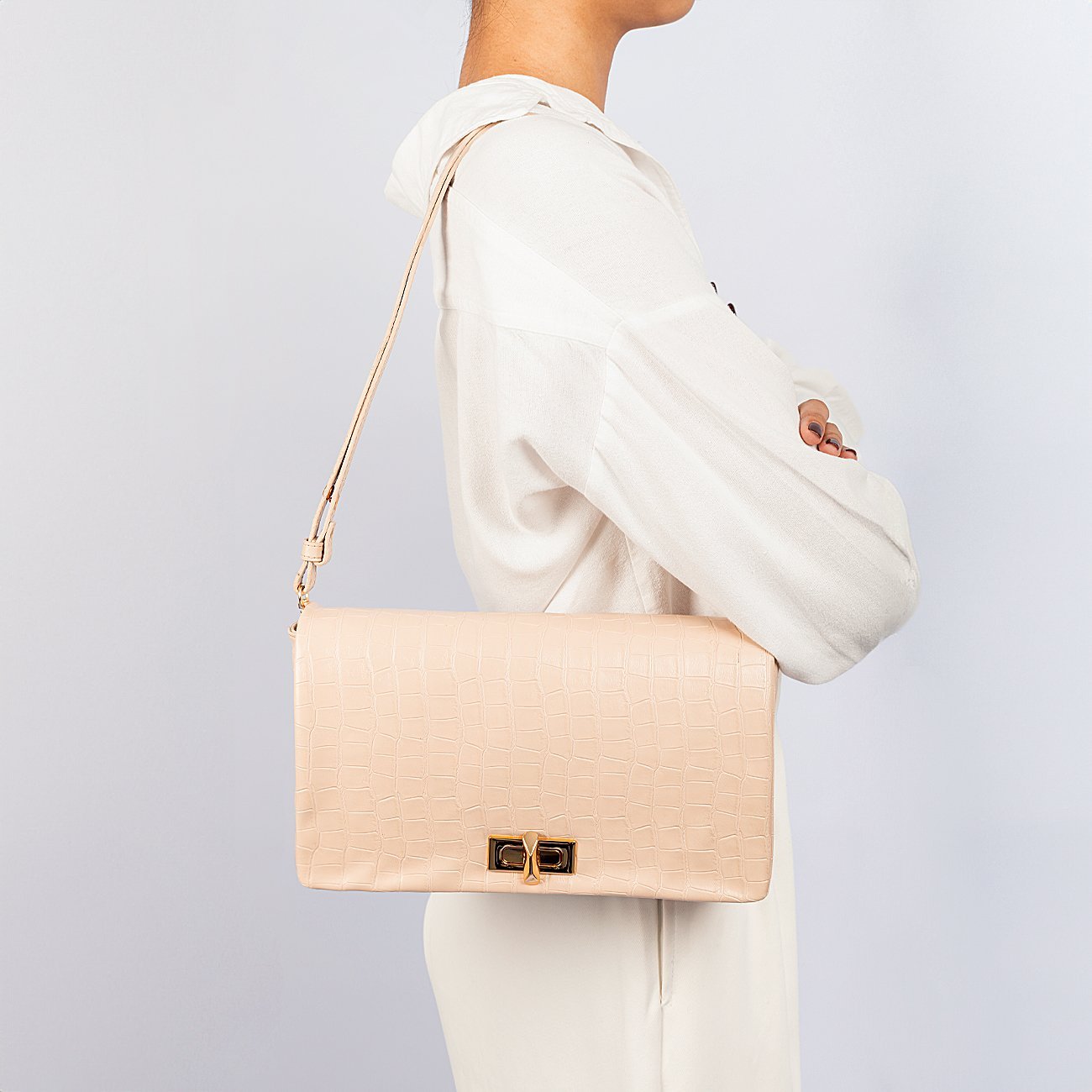 Bolsa Shoulder Bag Mavie Croco Bege 2