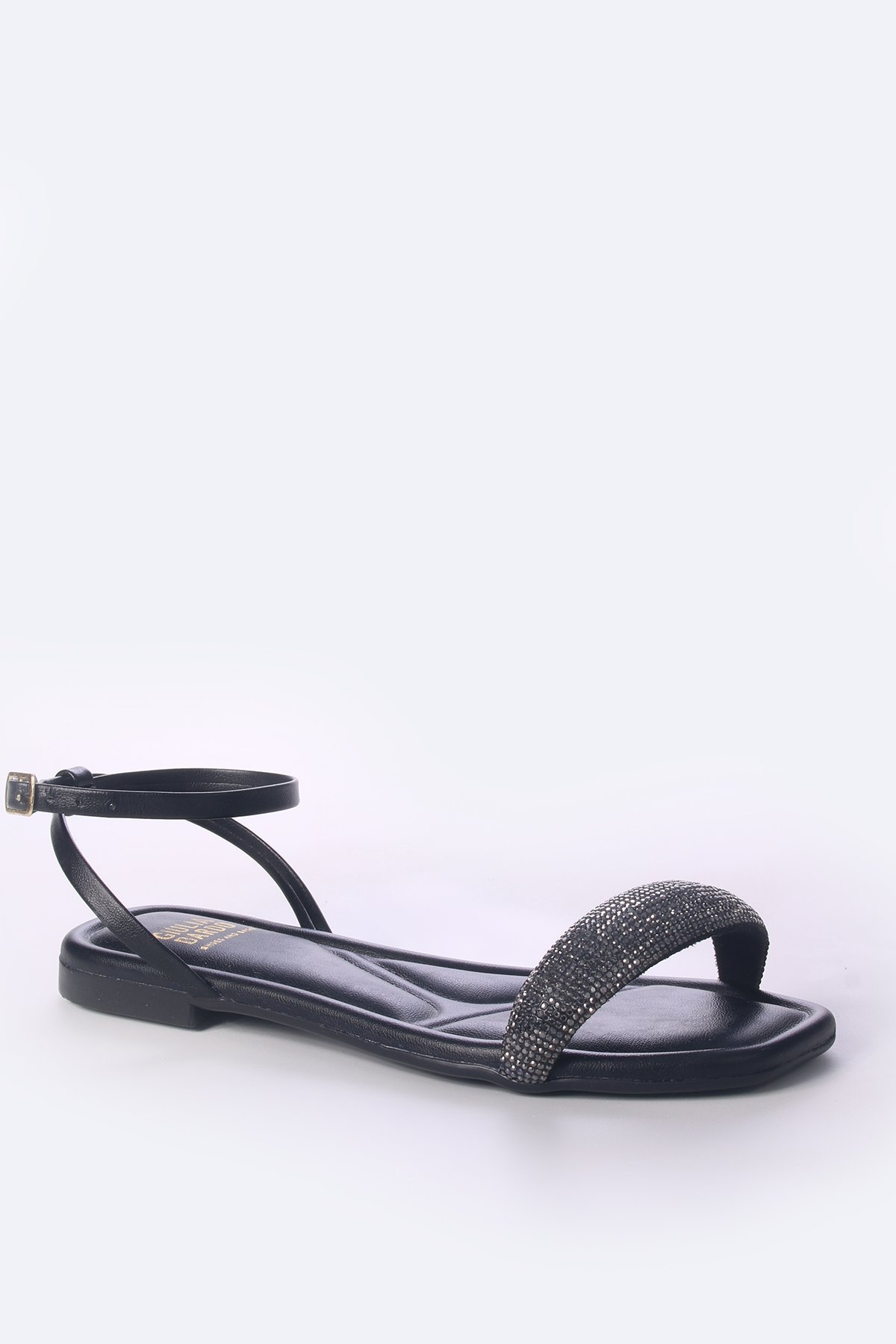 Sandália Rasteira com tira frontal de Strass Preto 2