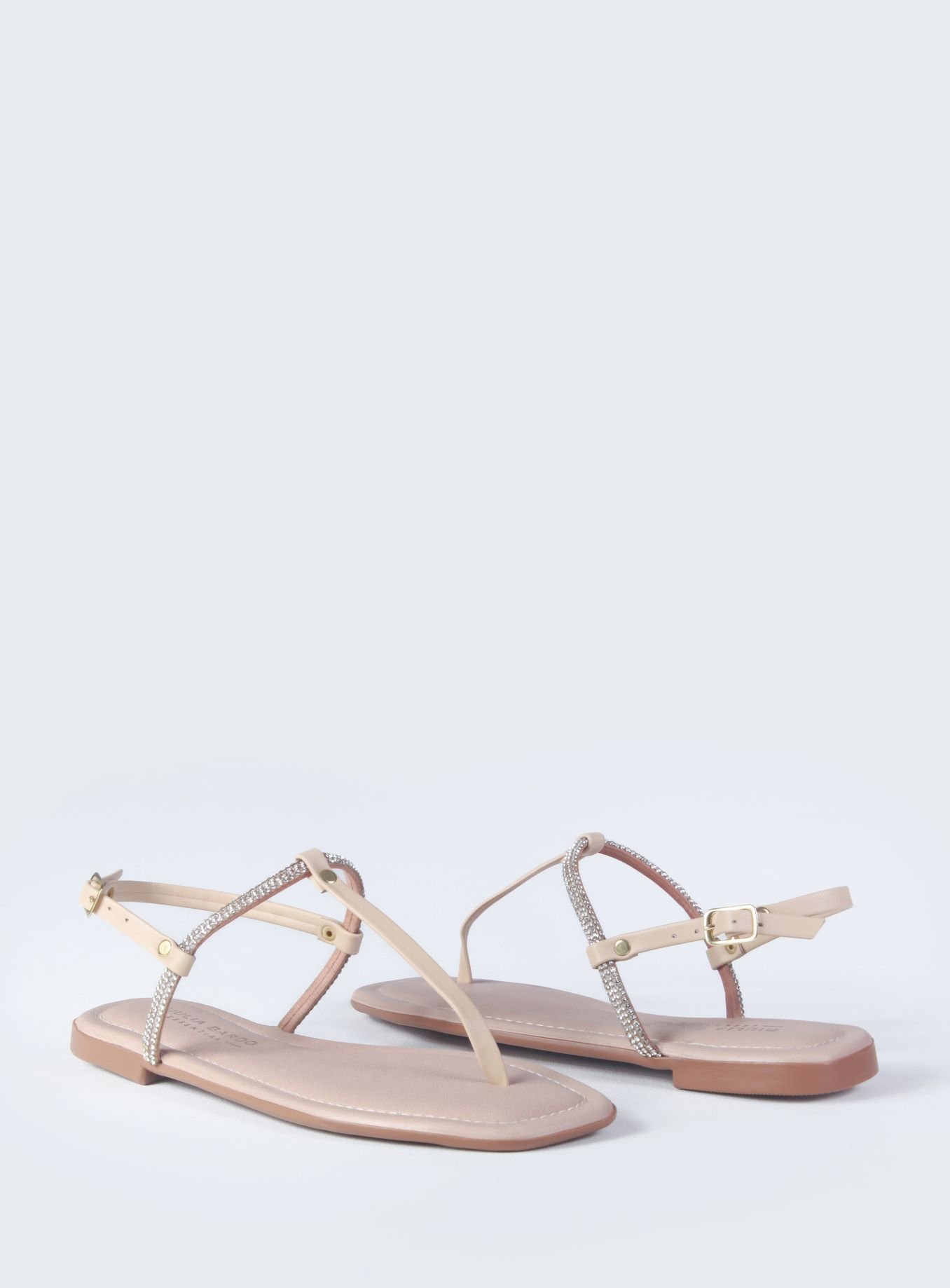 Sandália Rasteira de Tira Com Strass Bege 3