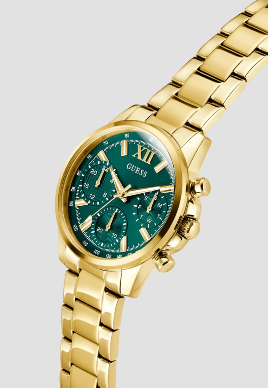 Relógio Redondo Multifuncional Aço Verde Dourado Dourado 4