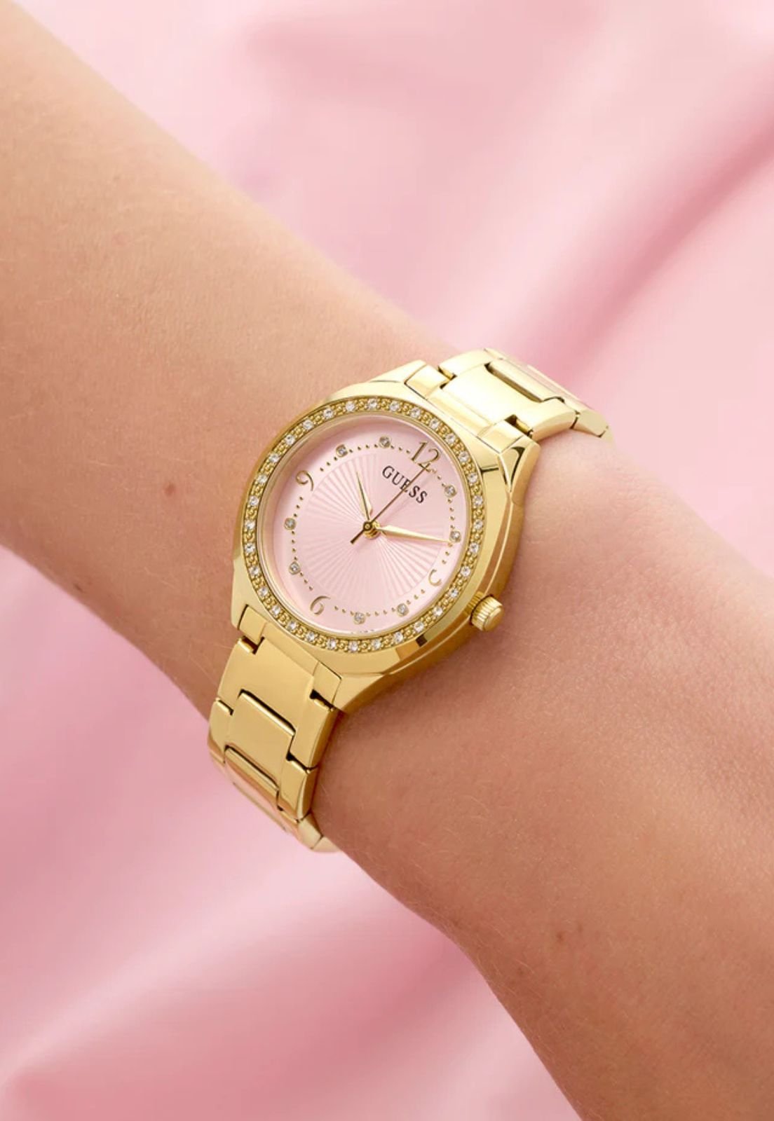 Relógio Redondo Cravejado Rosa Dourado Dourado 2