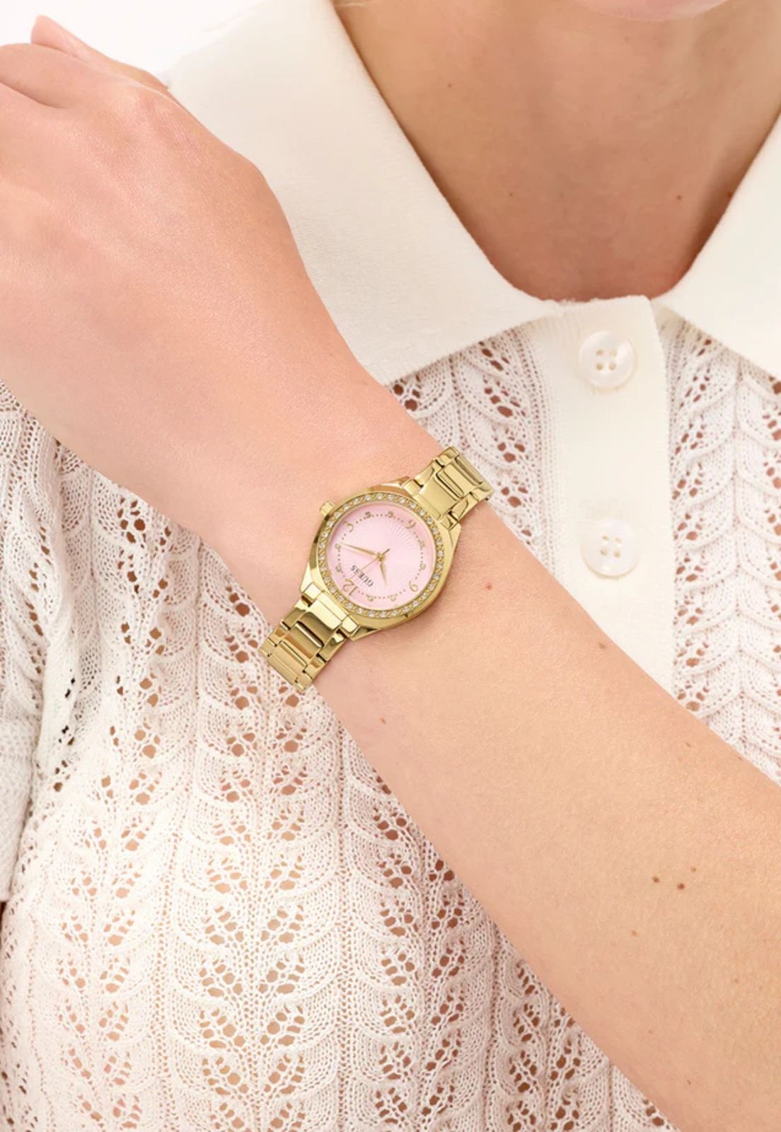 Relógio Redondo Cravejado Rosa Dourado Dourado 5