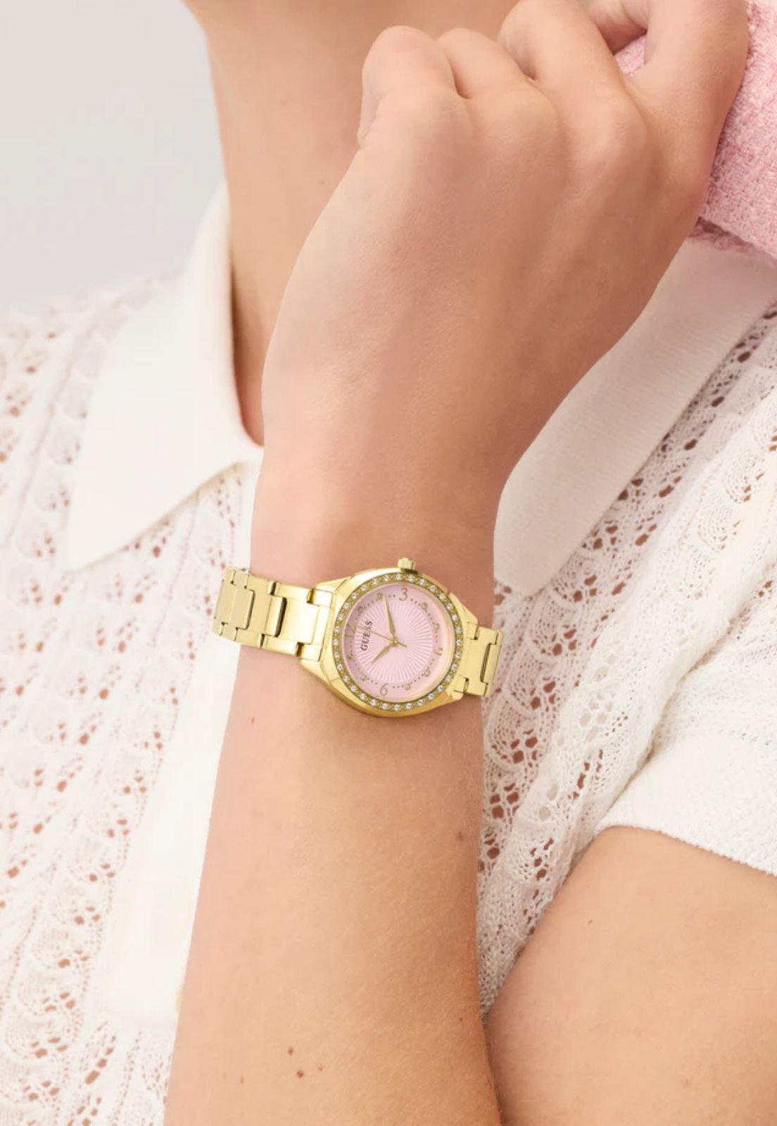 Relógio Redondo Cravejado Rosa Dourado Dourado 6