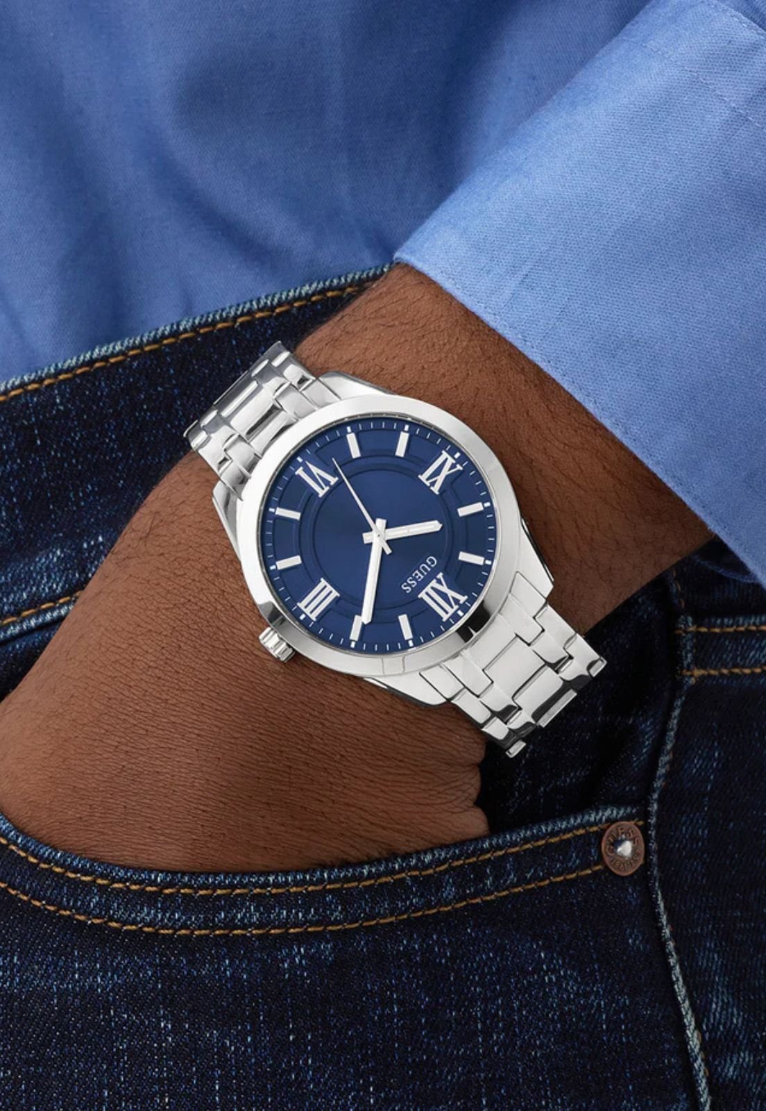 Relógio Analógico Troca Pulseira Azul Prata Prata 6