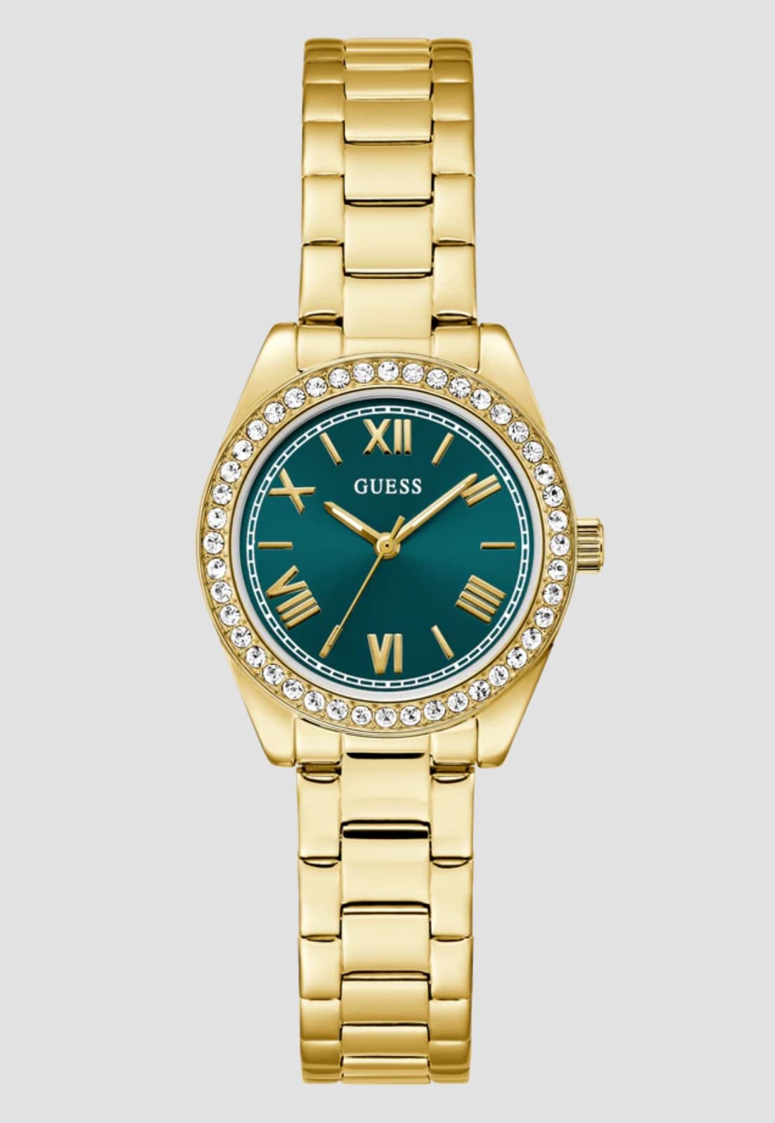 Relógio Redondo Analógico Cristais Verde Dourado