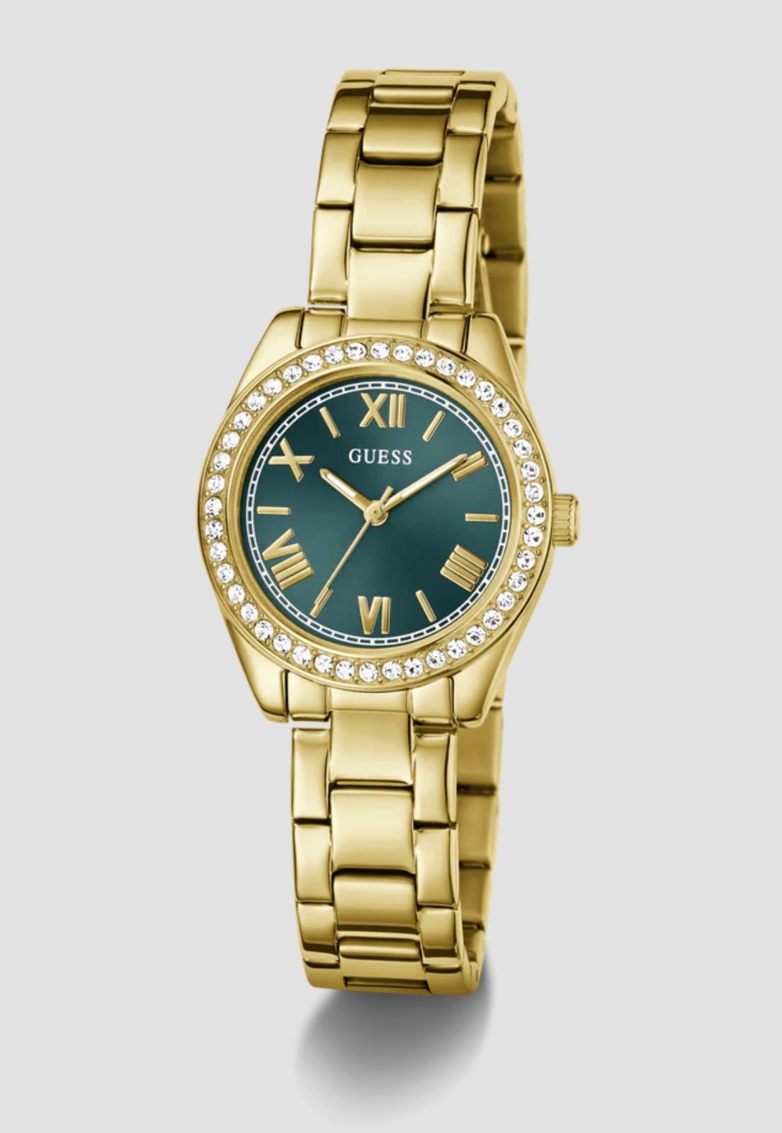 Relógio Redondo Analógico Cristais Verde Dourado Dourado 3